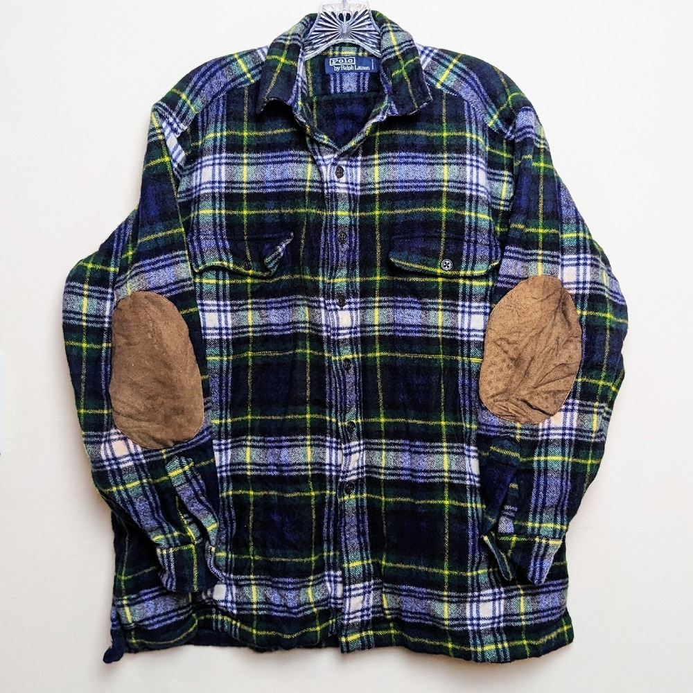 Vintage Polo Ralph Lauren 90s Plaid Flannel Shirt Elbow Patches Wool Large